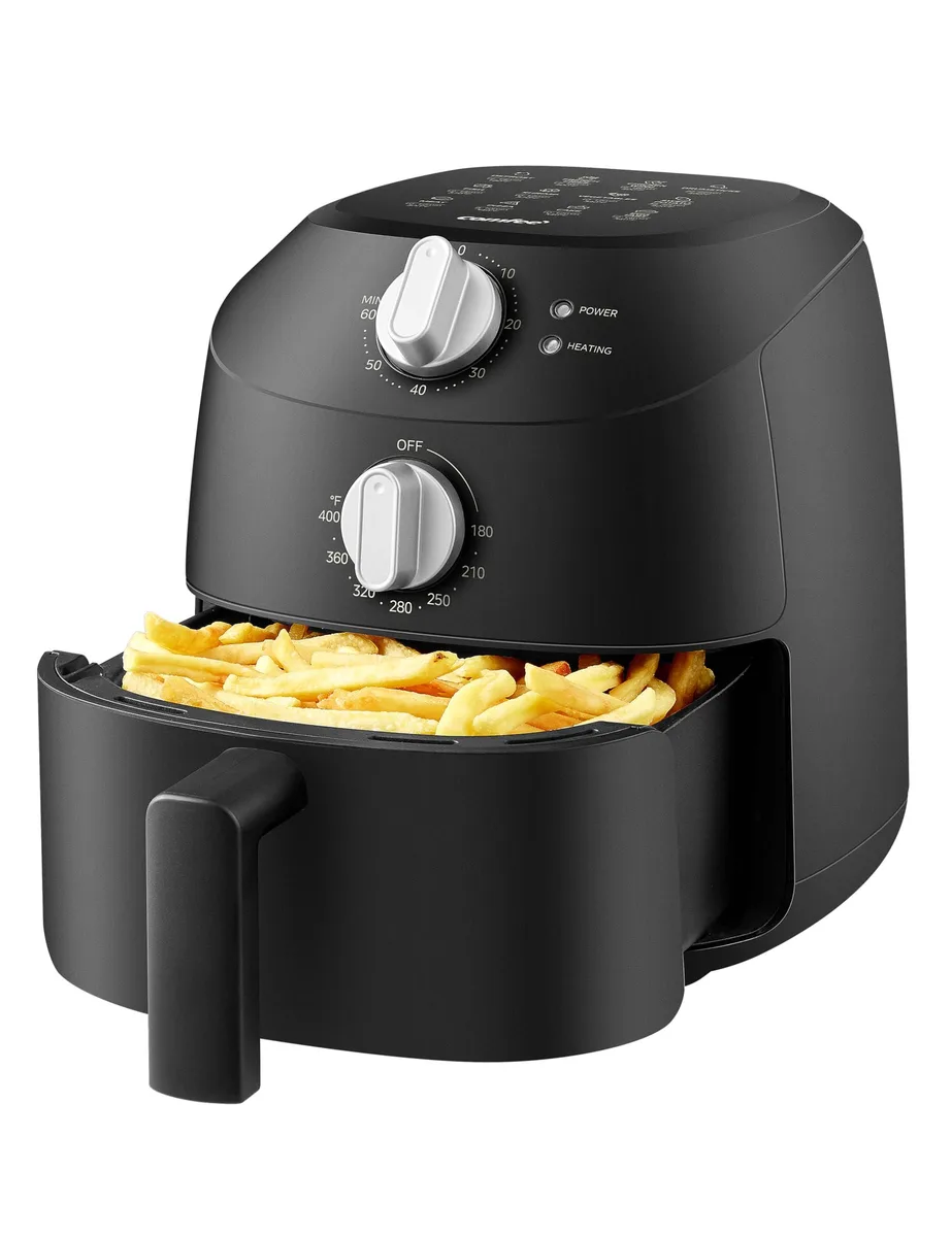 Compact white air fryer with removable basket, push-button controls, 9 inches tall