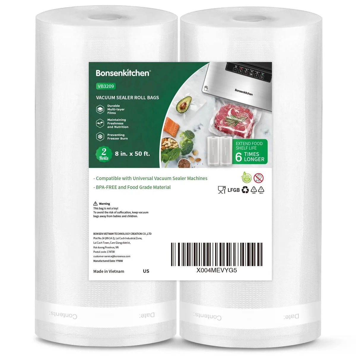  Bonsenkitchen Vacuum Sealer Rolls 8 in x 50 ft 2 Pack VB3209 — product photo