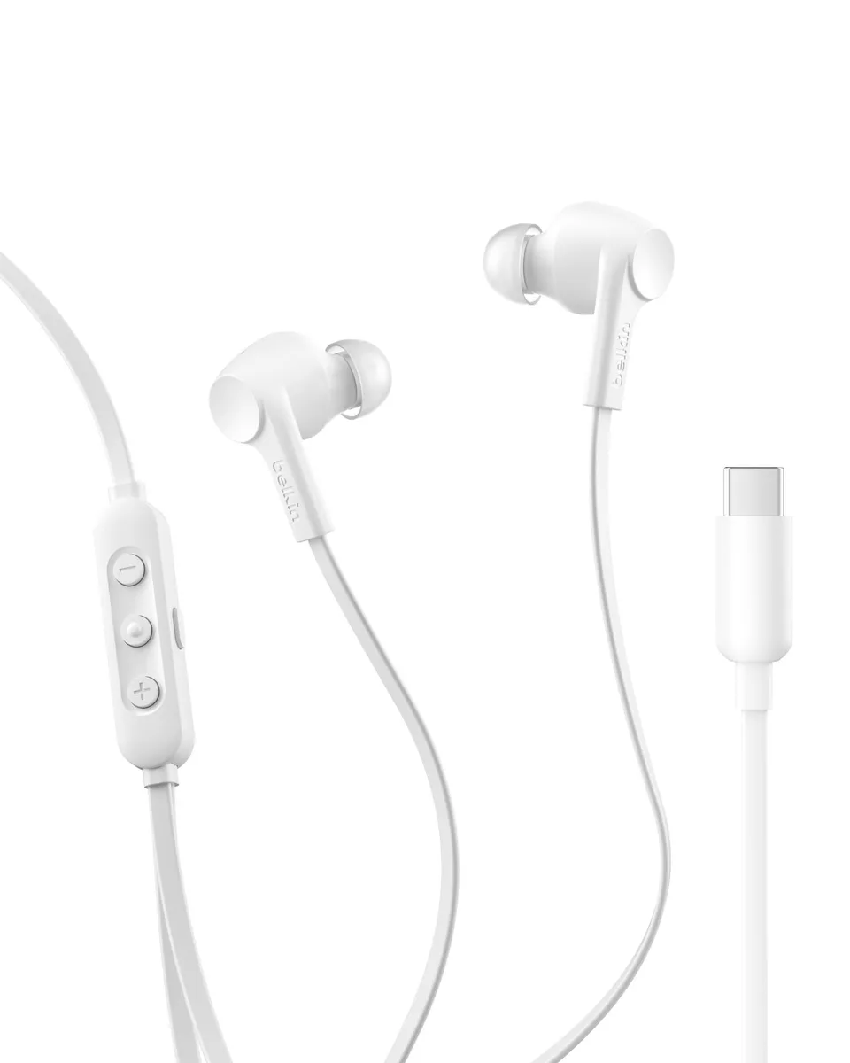 White in-ear wired earbuds with flat USB-C cable and inline button control