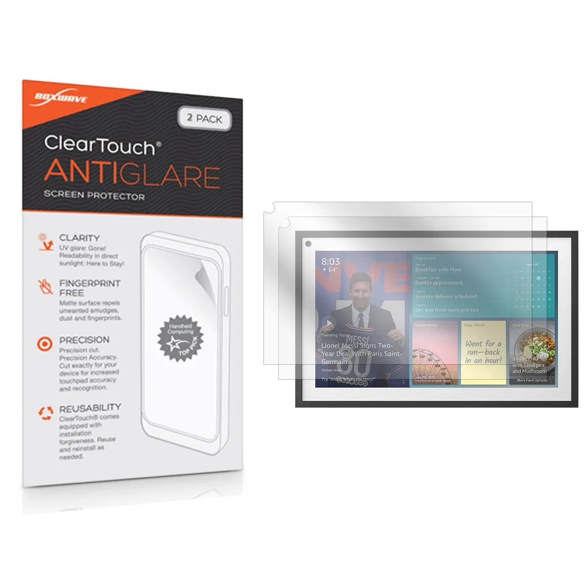 Two matte screen protectors for Echo Show 15 with applicator card and cleaning cloth