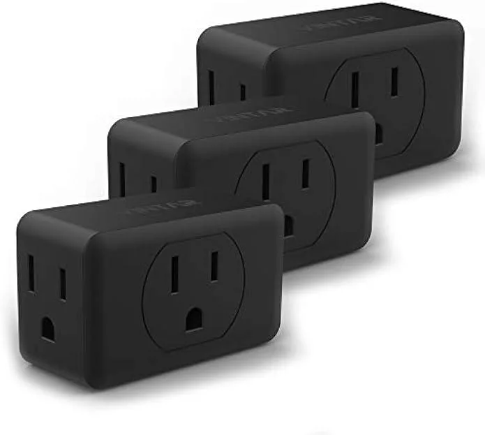 Three white cube adapters each with three grounded outlets
