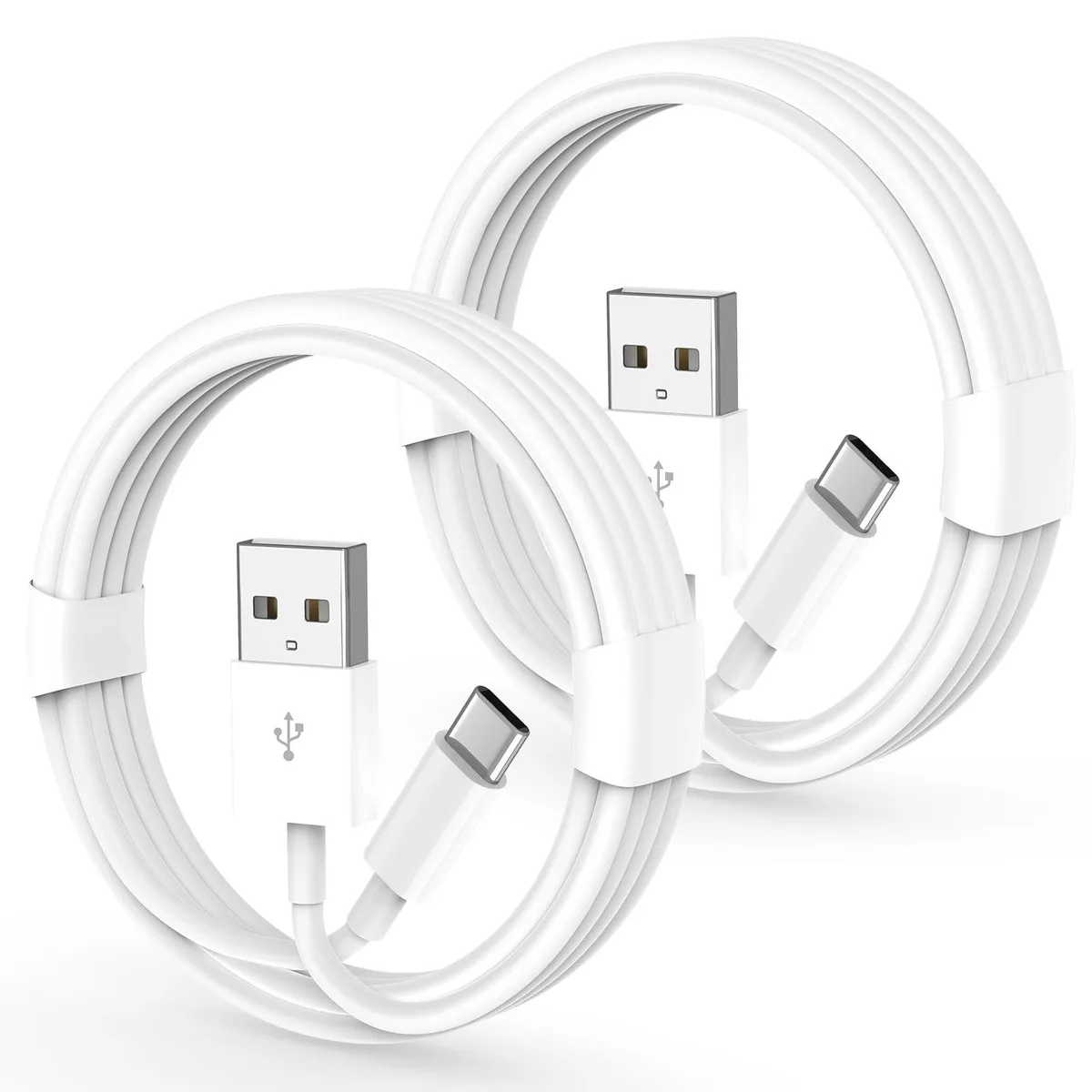 White USB-A to USB-C cable, 3 ft, male-to-male connectors