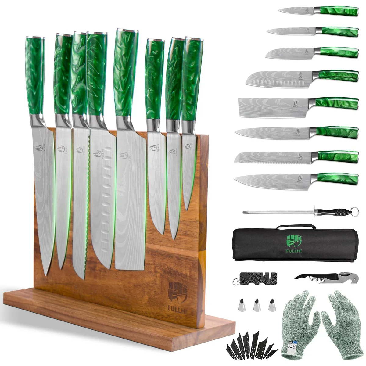 Green-handled knives on black magnetic block, 15-piece set