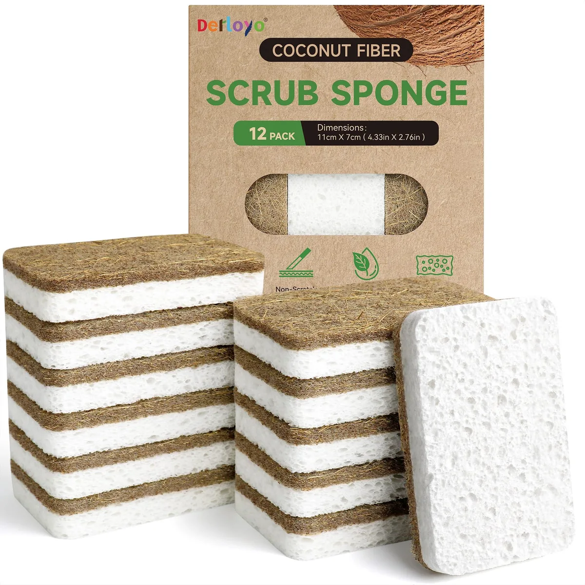 Twelve white rectangular cellulose sponges with green scrubber backs, 4.33 by 2.76 by .8 inches
