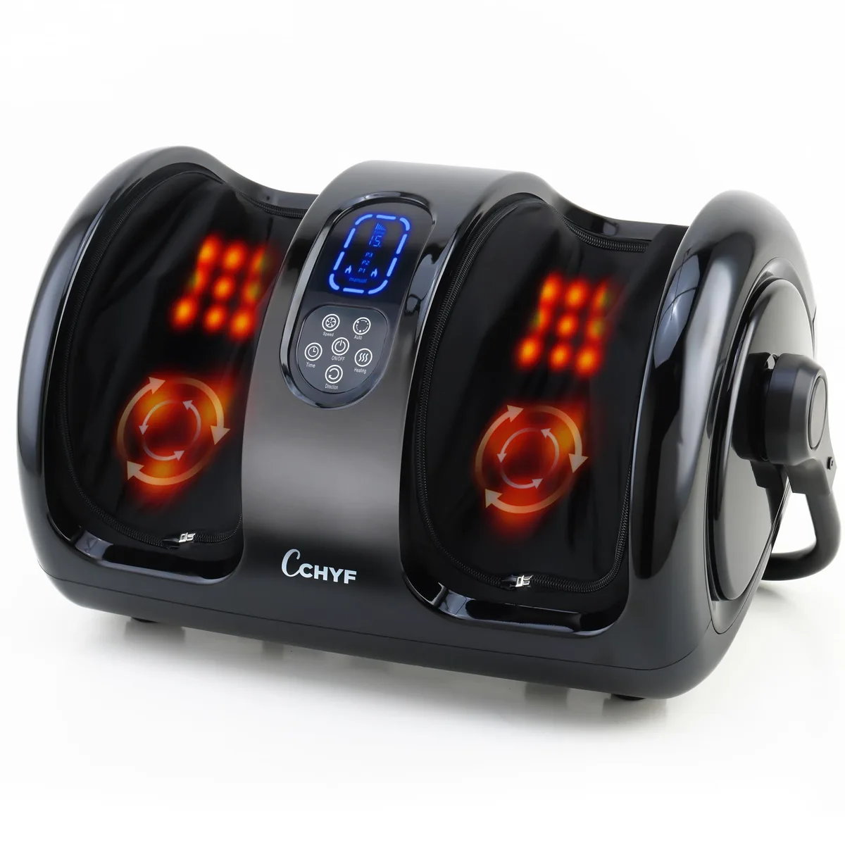Black rectangular foot massager with adjustable support bar and control panel