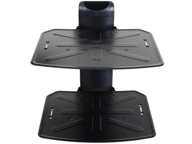 Black steel two-tier wall shelf with adjustable height shelves and cable management channels