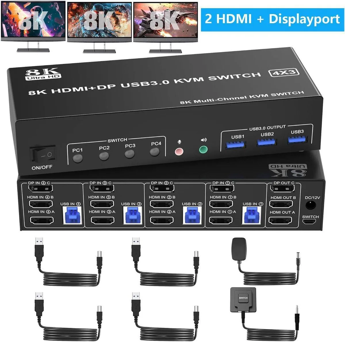 Vszerda Vszerda 8K@60Hz 4K@144Hz 4-Port Triple Monitor 2 HDMI + DP KVM Switch — product photo