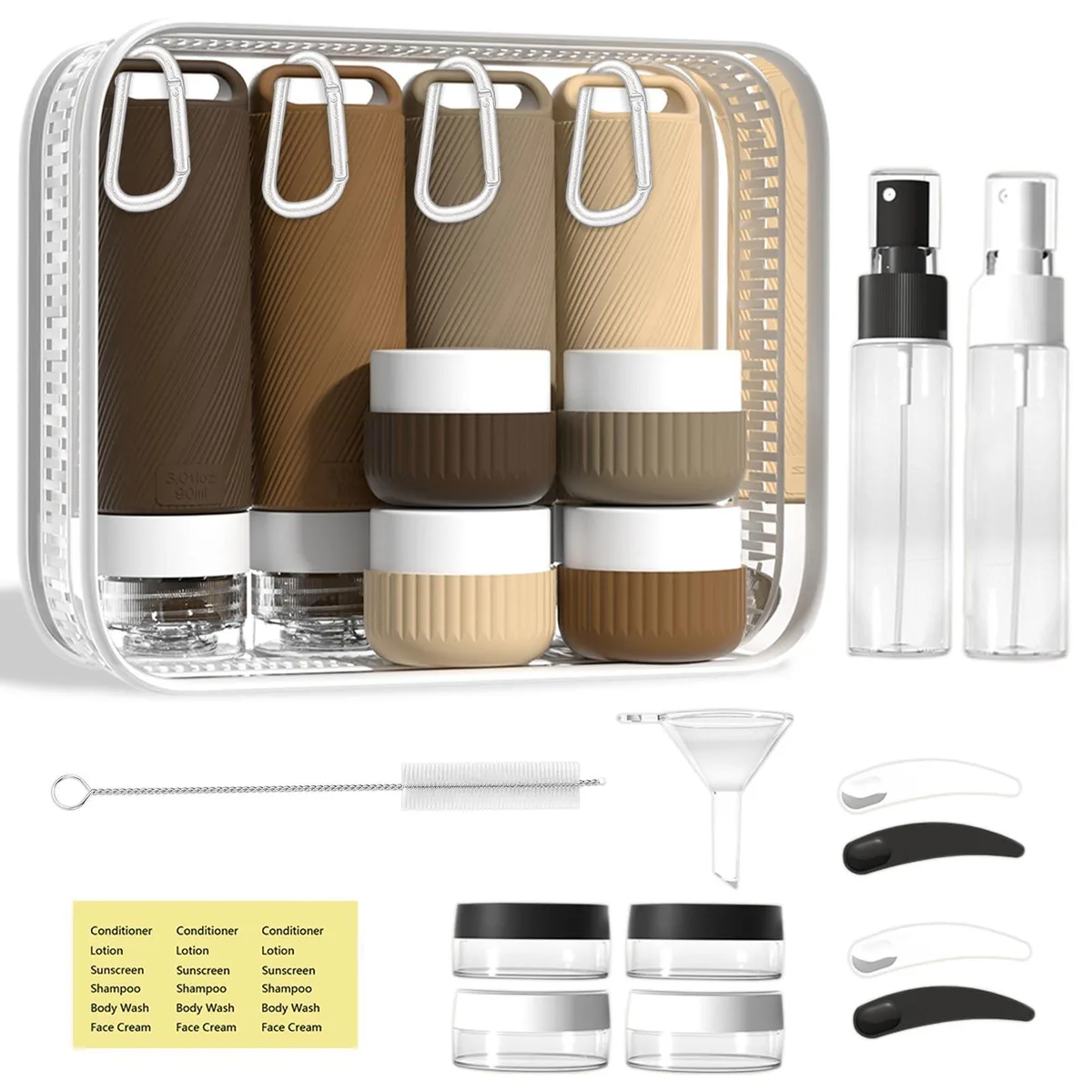 26-piece brown silicone travel bottle set with jars spray bottles carabiners and tools