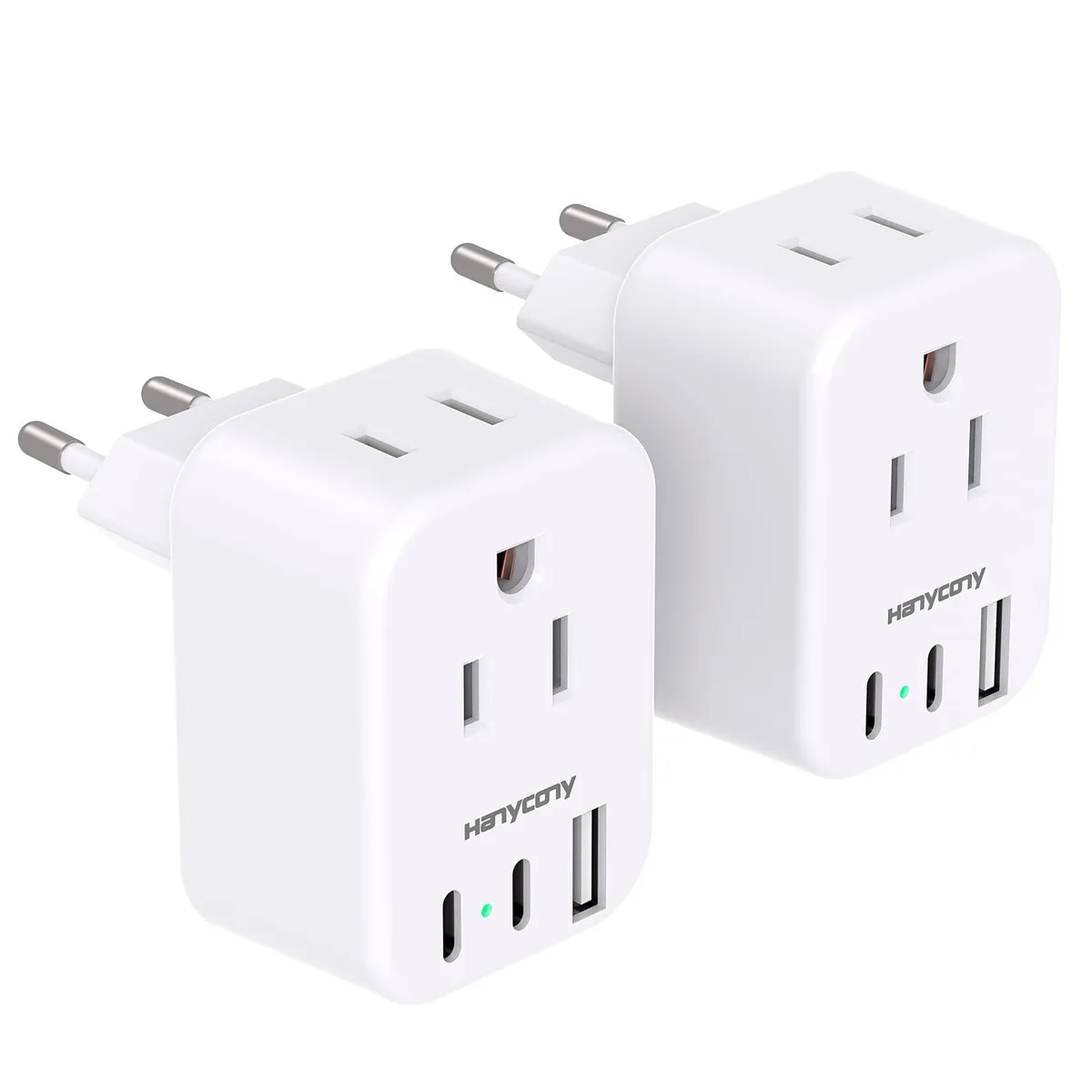 Two compact white Type C travel adapters with dual AC outlets and multiple USB ports