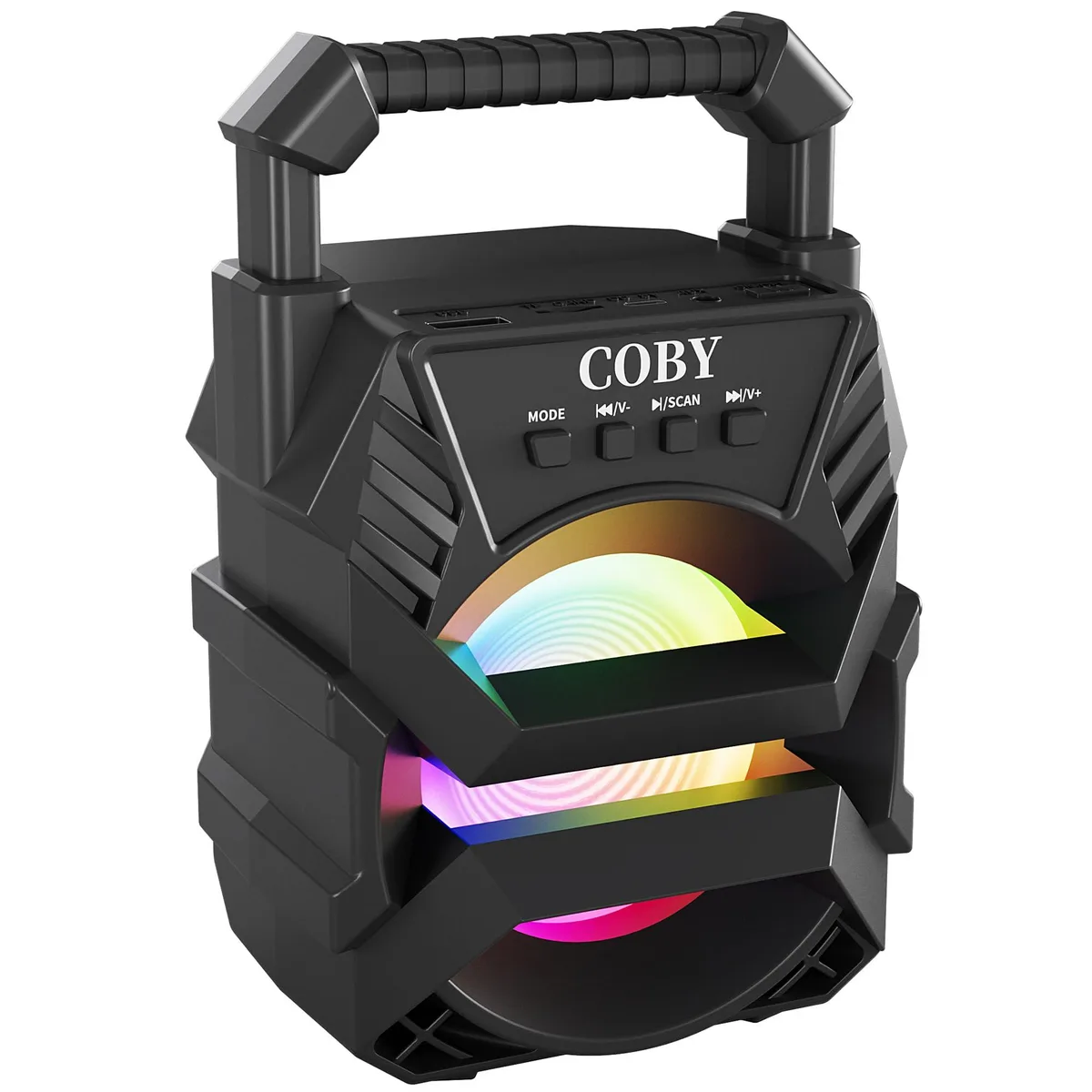 Coby Portable Karaoke PA Speaker with Mic Input, LED Lights, FM Radio, USB/SD/AUX, Rechargeable Battery — product photo