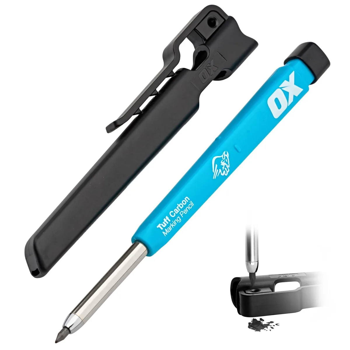 Blue refillable carpenter pencil with belt clip and built-in sharpener