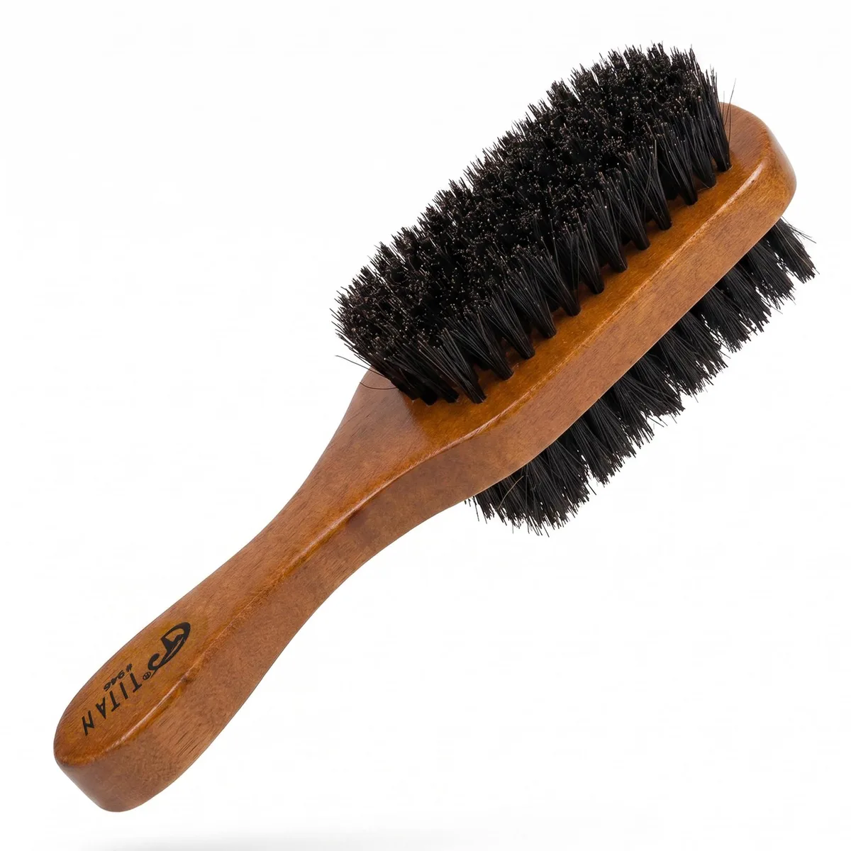Double-sided boar bristle brush with wooden handle