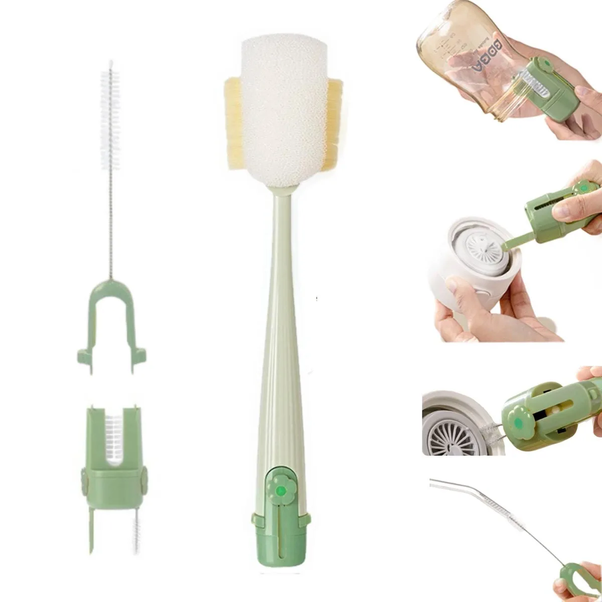 White 5-in-1 bottle brush kit with 30.5cm flexible handle, modular heads and standing base
