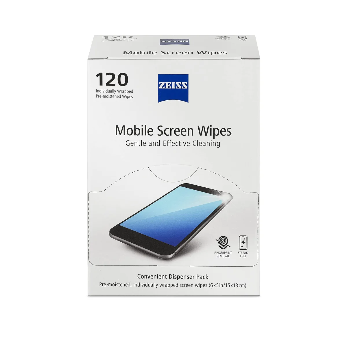 White pre-moistened screen wipes in dispenser box, 120 count
