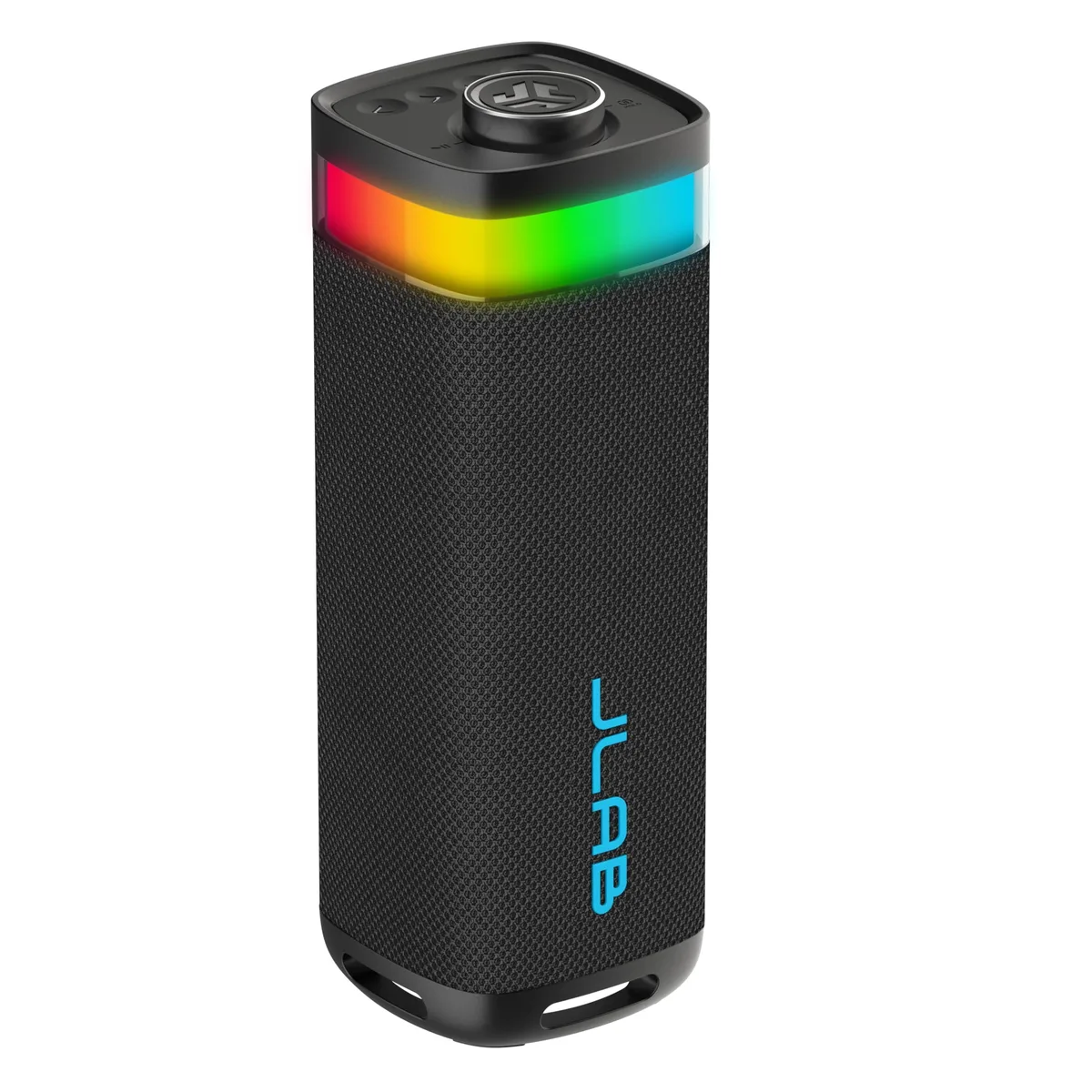 Black rectangular portable Bluetooth speaker with integrated loop handle and RGB lighting visible through front grille