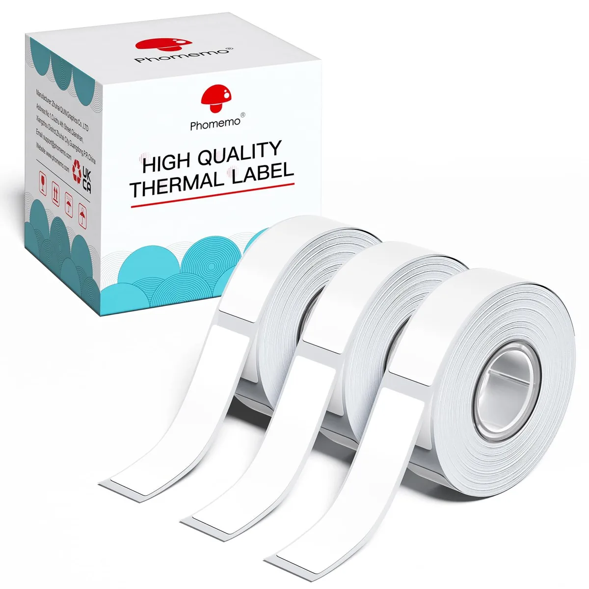 Three white rectangular label rolls in a box
