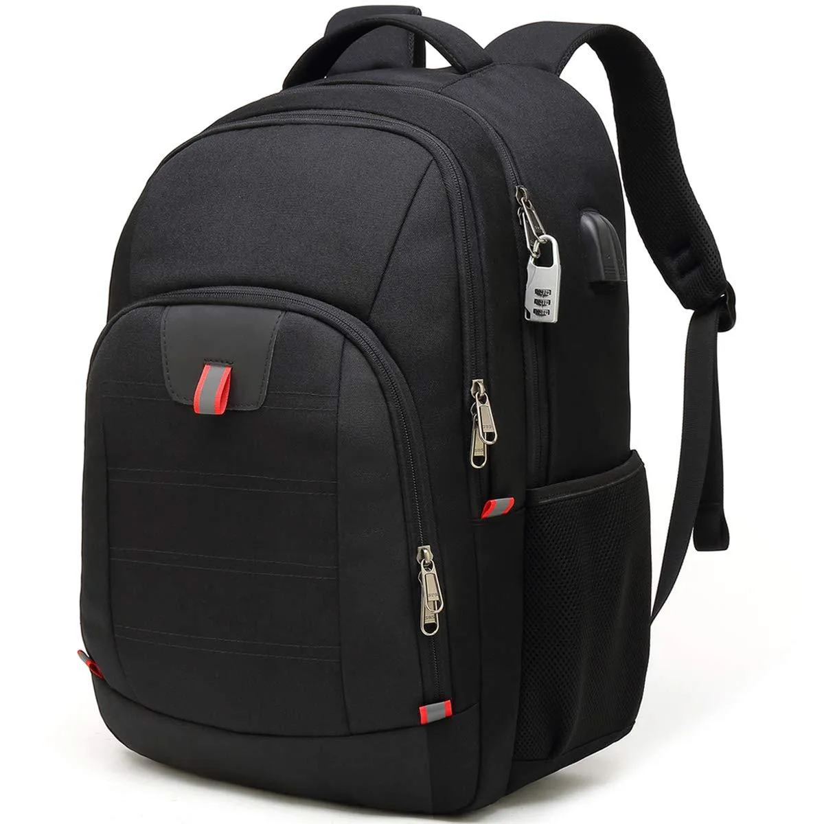 Black nylon laptop backpack with padded 17.3 inch compartment, USB port and reflective strips