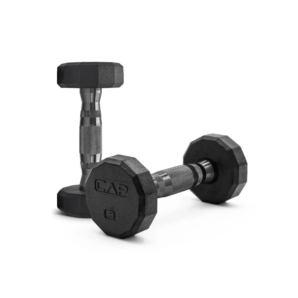 Pair of 3 lb rubber-coated 12-sided dumbbells with black oxide handles