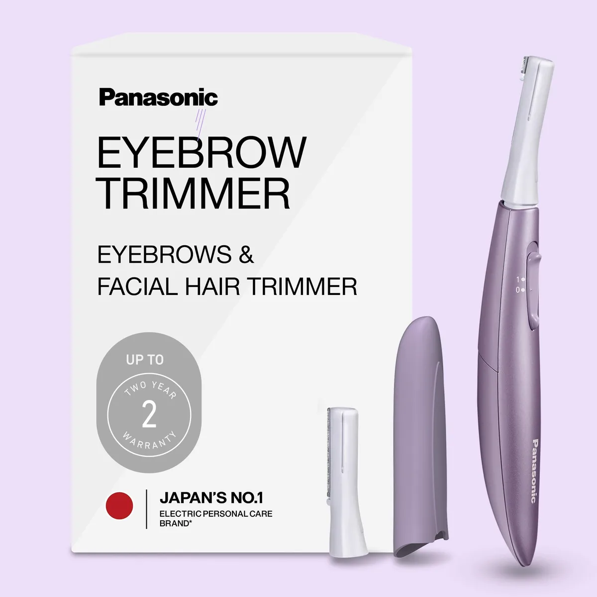 Purple compact battery-operated facial trimmer with flexible head and eyebrow blade