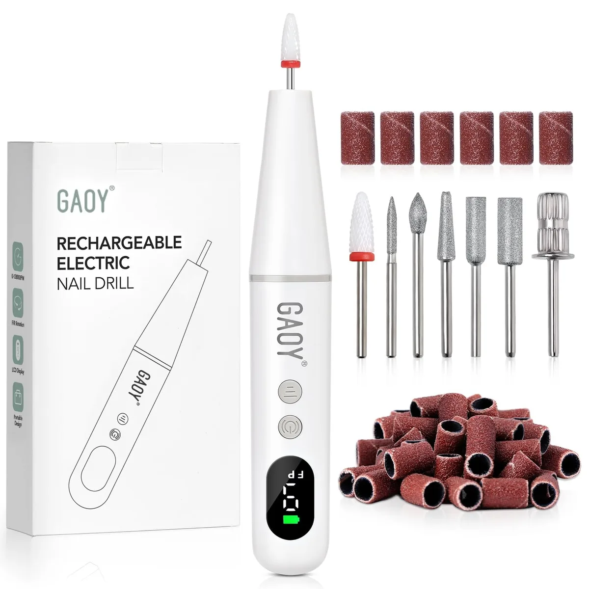 White cordless nail drill pen with LED display, seven bits and thirty sanding bands