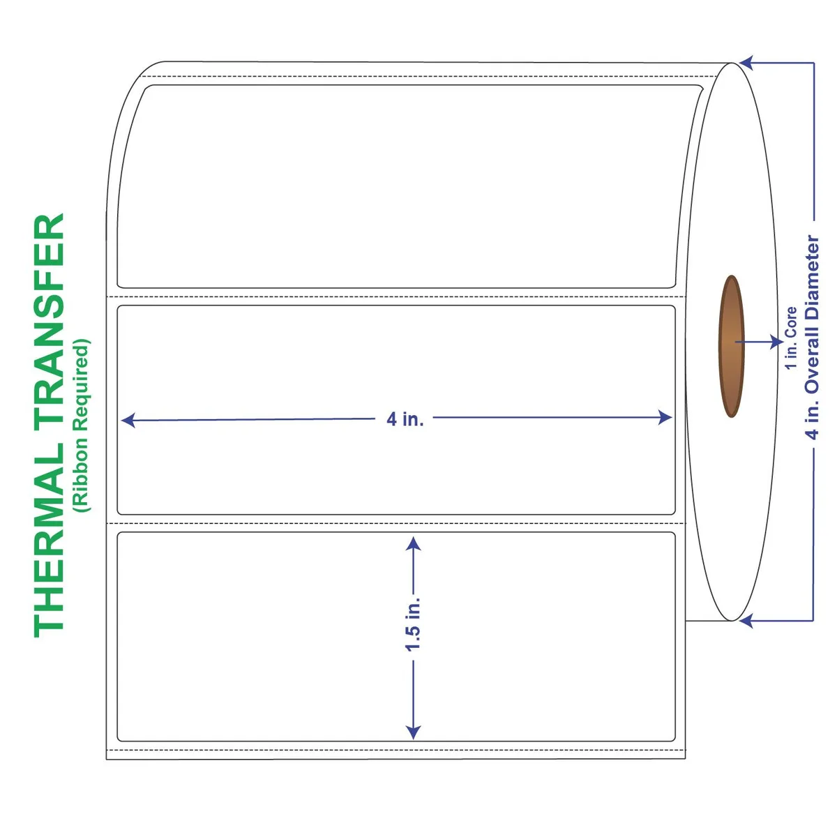 White thermal transfer label rolls on cardboard cores in an open carton