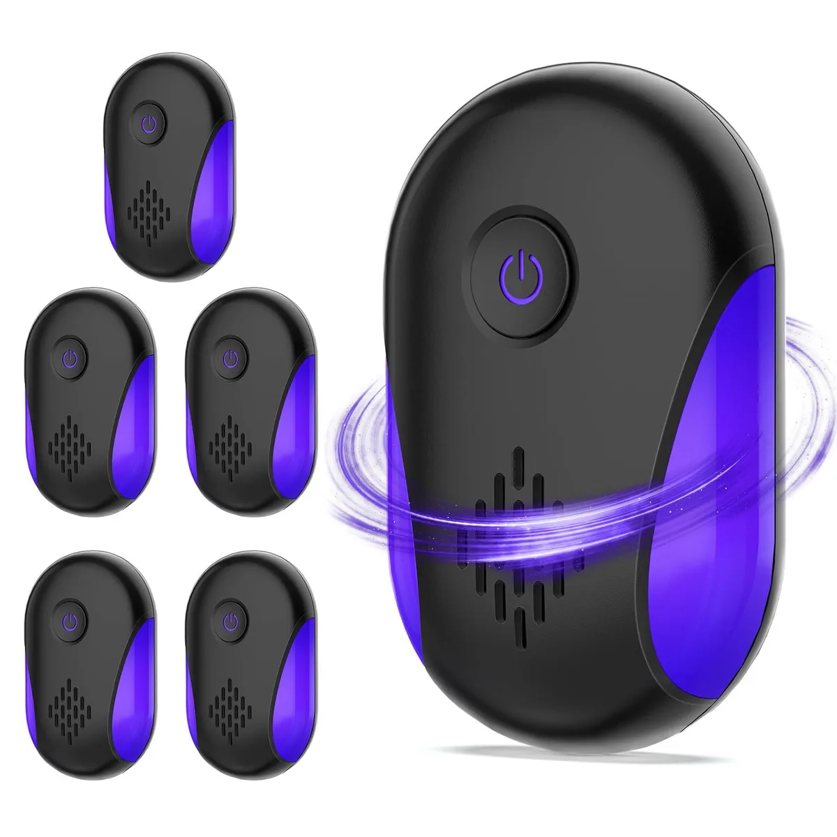 Six white rectangular plug-in units with speaker grilles