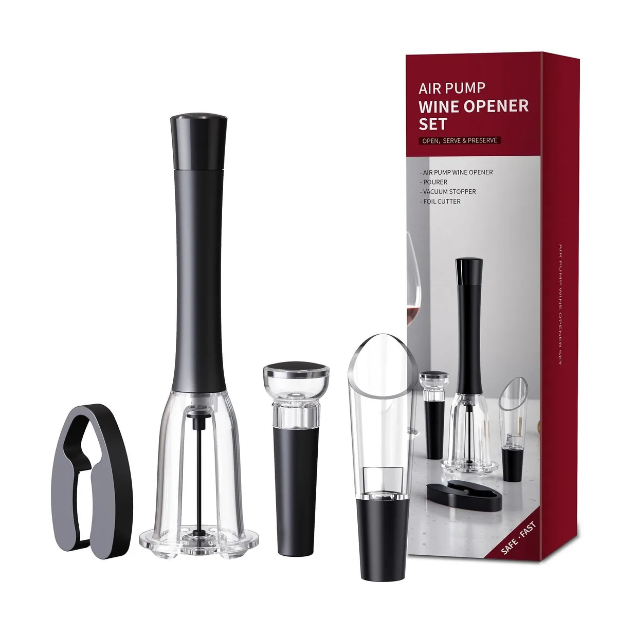 Black air-pressure wine opener with foil cutter, aerator pourer and vacuum stopper