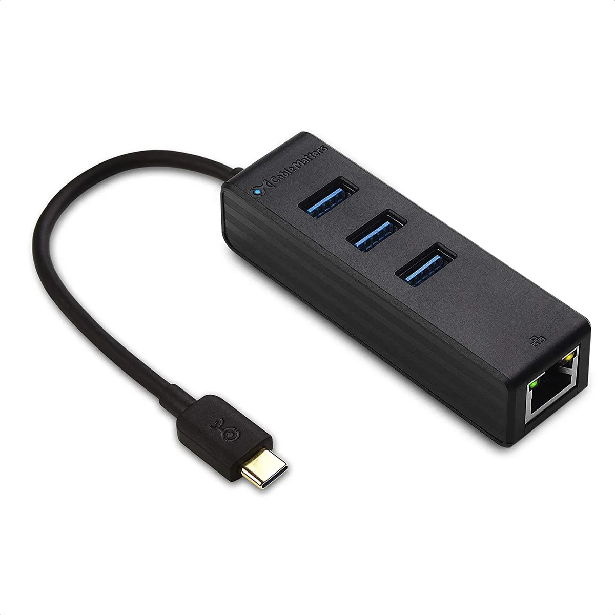 censreal censreal 4-in-1 USB C Hub Ethernet Gigabit 10/100/1000Mbps 3 Port USB 3.0 5 Gbps Thunderbolt 3 Black adapter — product photo