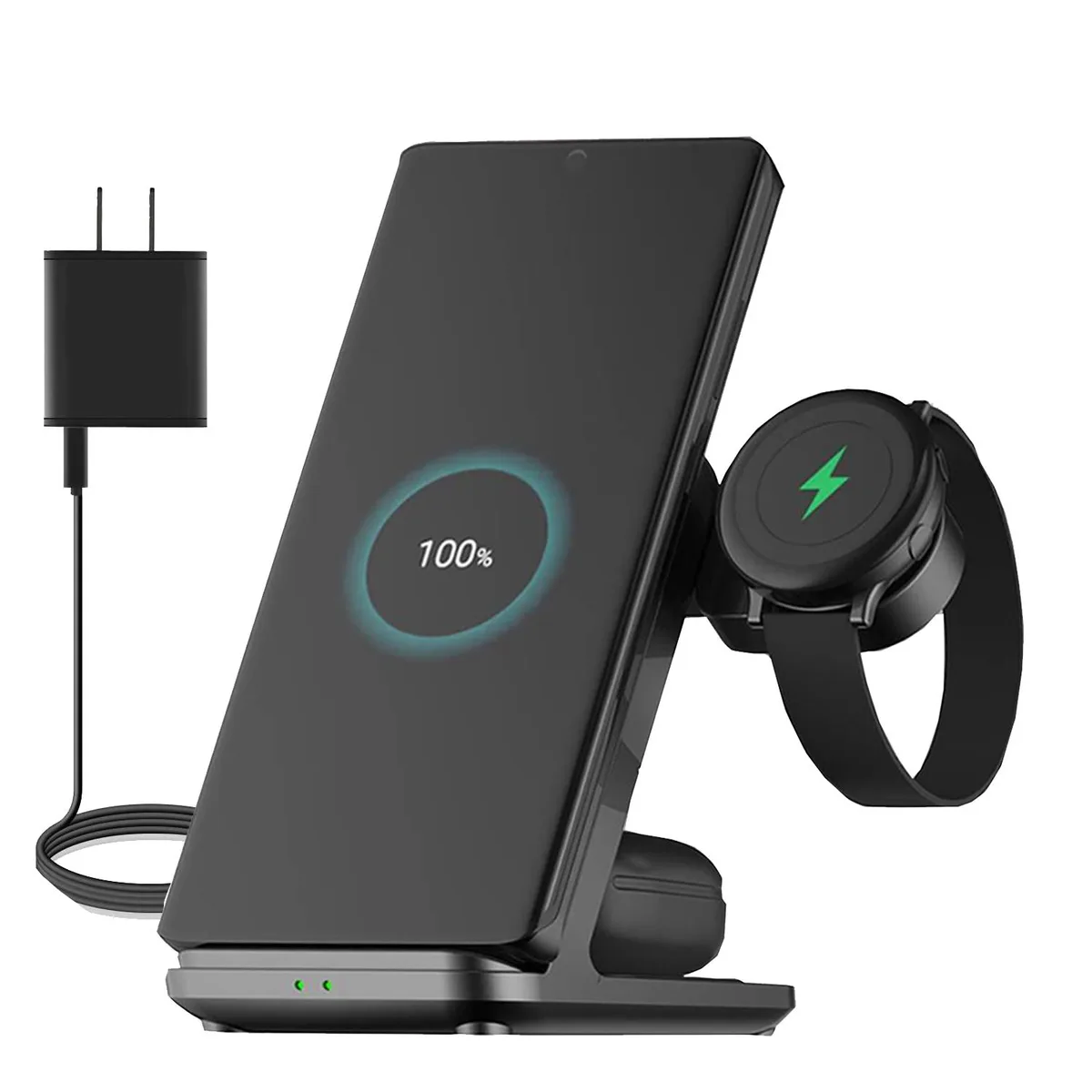 Black 3-in-1 wireless charging stand with phone, watch, and earbud pads