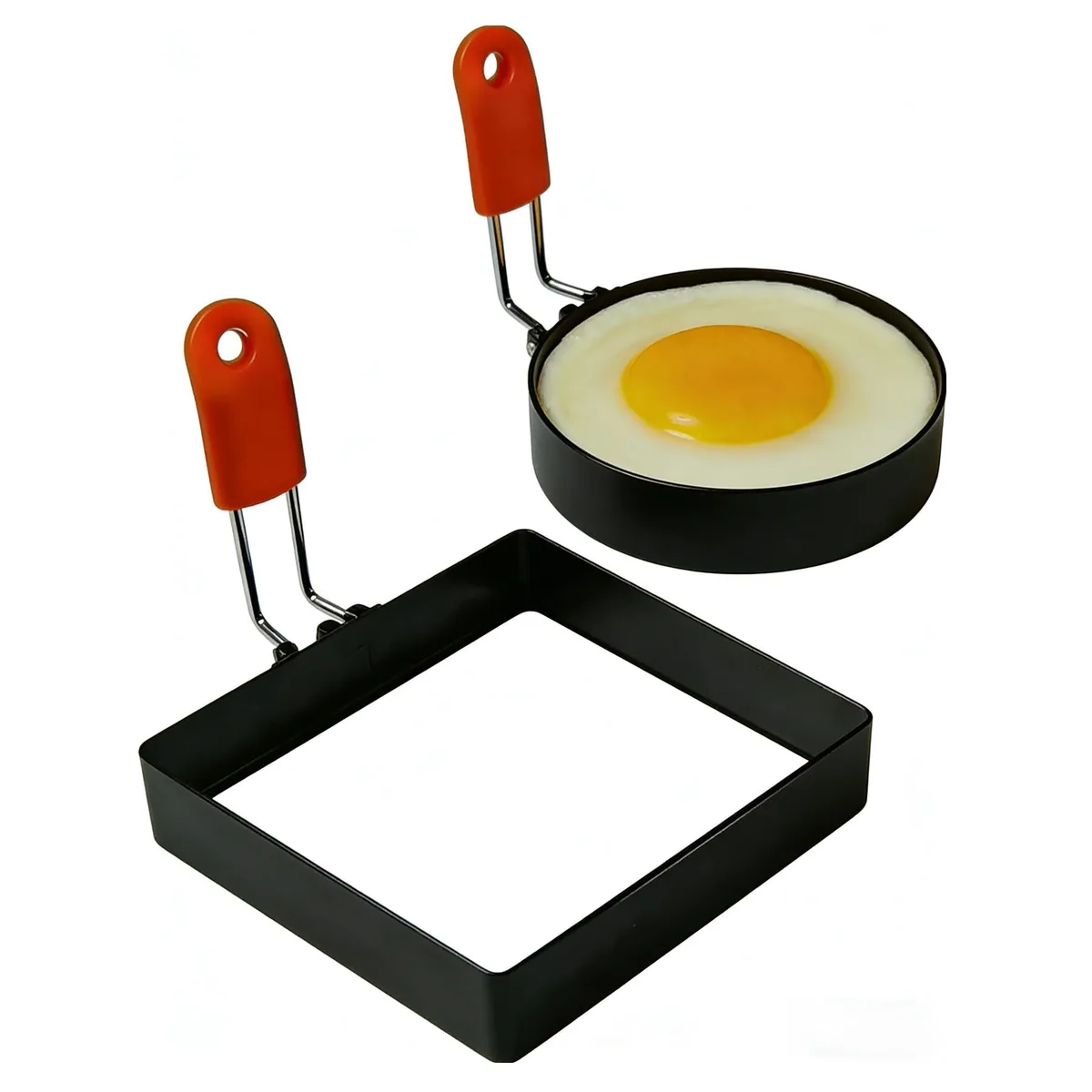 Two stainless steel egg rings, round and square, with orange silicone handles