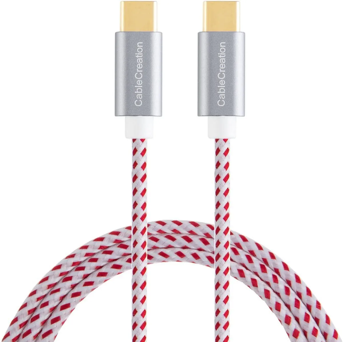 Red braided USB-C cable with aluminium ends, ten feet long