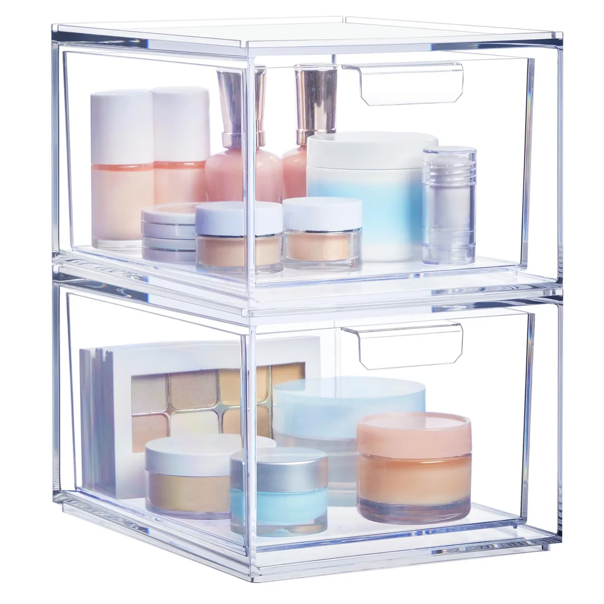 Two clear stackable plastic drawers with open fronts