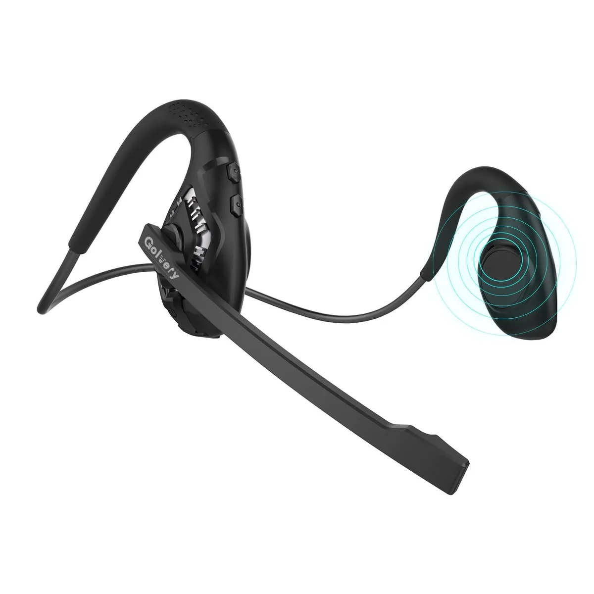 White open-ear headphones with flexible titanium band and boom microphone