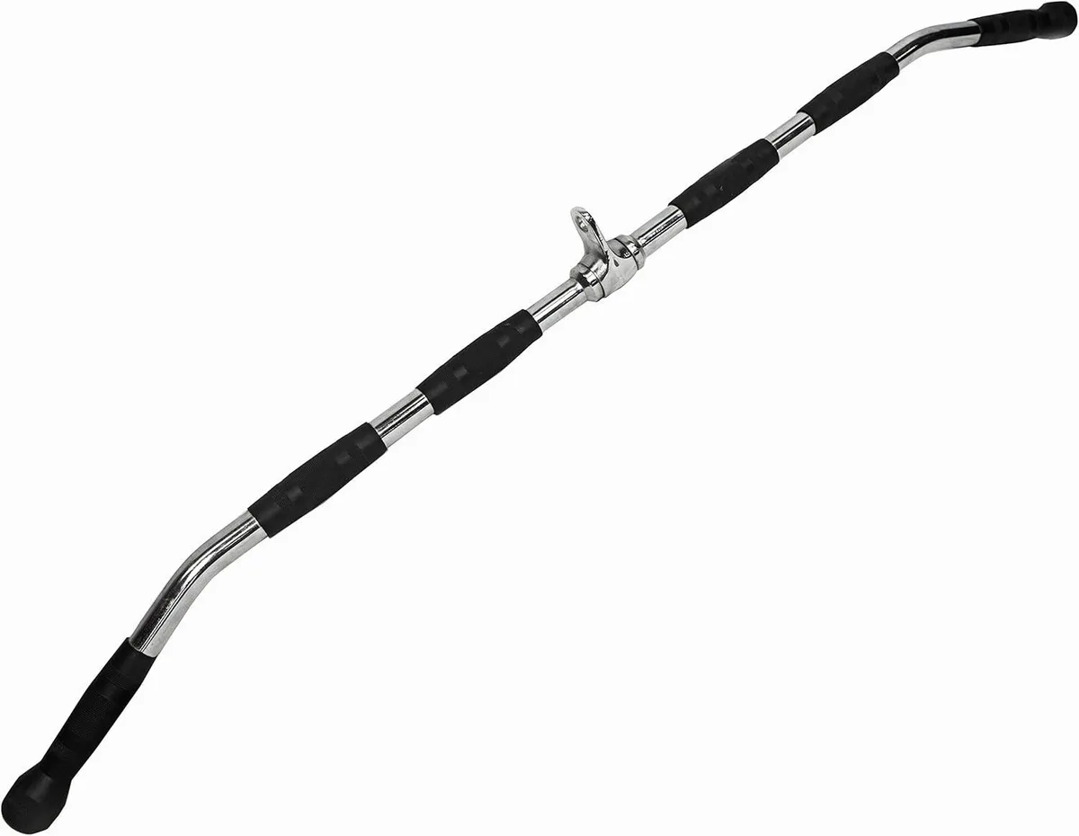 Chrome-plated steel lat pulldown bar with rotating swivel and knurled rubber grips, 48 inches long
