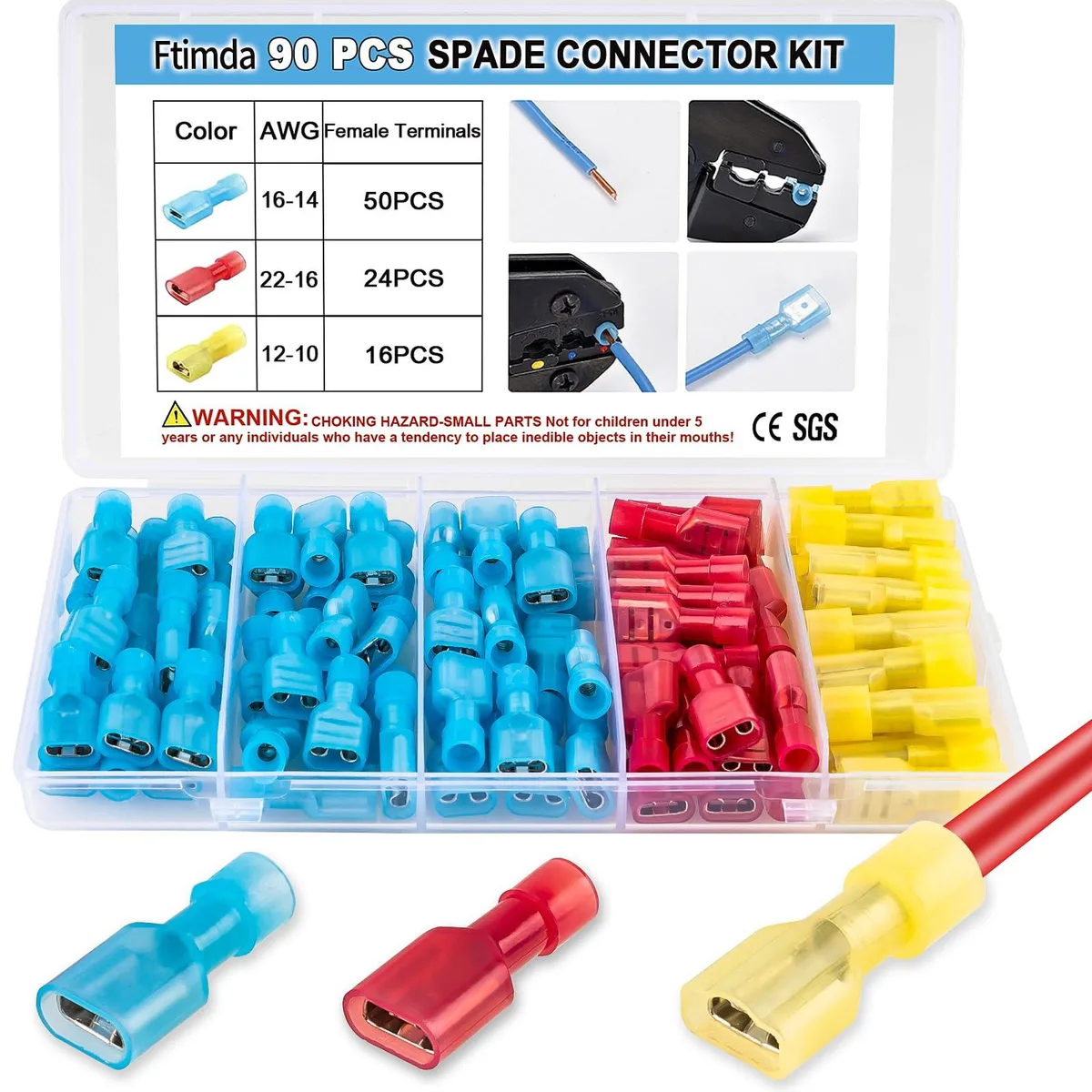  Female Spade Connector Kit 90PCS 22-18 16-14 12-10 AWG Black UL Listed — product photo