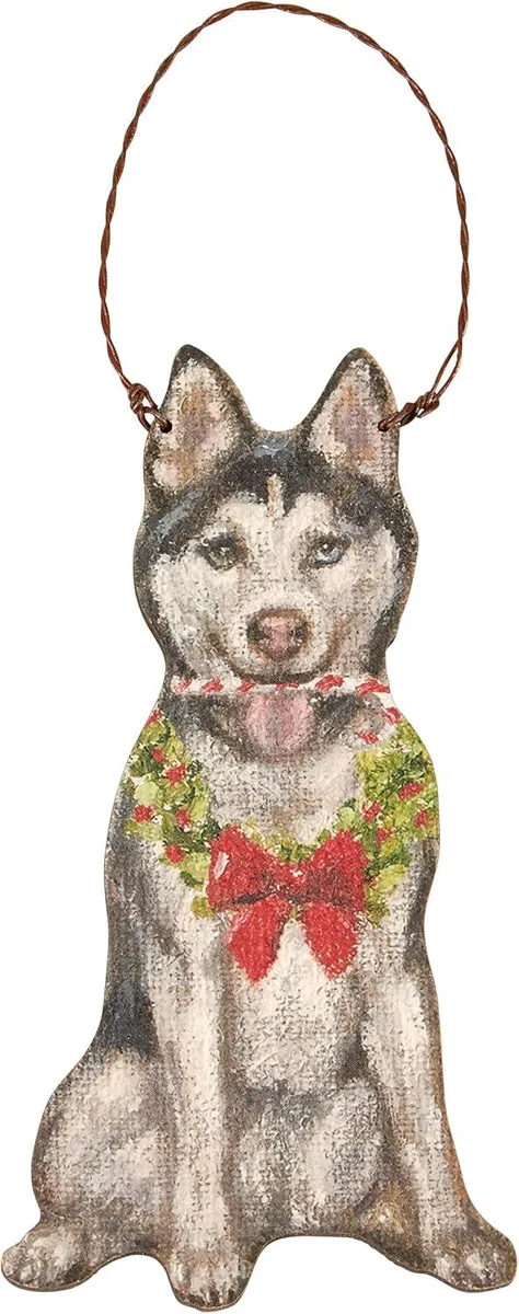 Primitives By Kathy Primitives By Kathy Husky with Candy Cane Wooden Ornament — product photo
