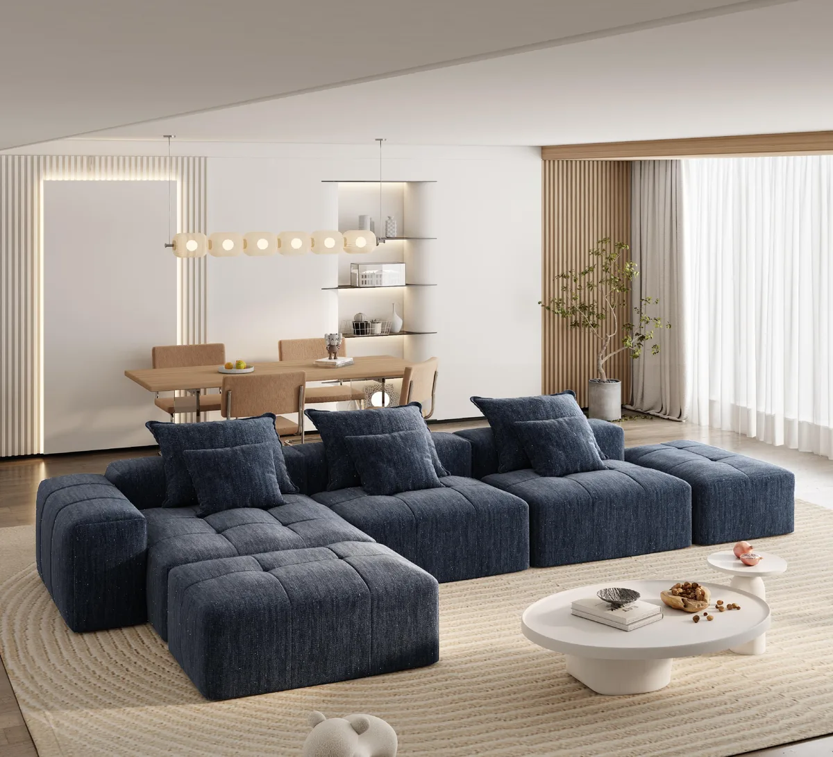 Blue modular sectional sofa with six pillows, sparkling chenille fabric, tufted design