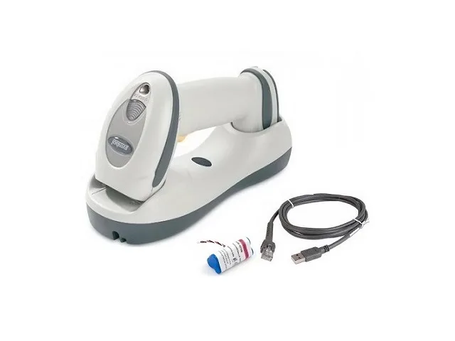 Beige handheld laser barcode scanner with cradle and USB cable