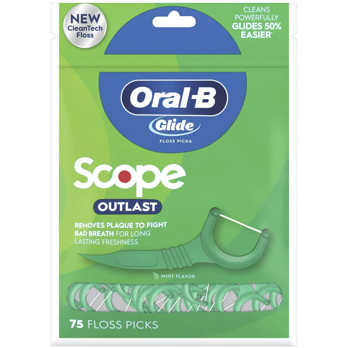 White plastic floss pick with textured handle and mint floss strand
