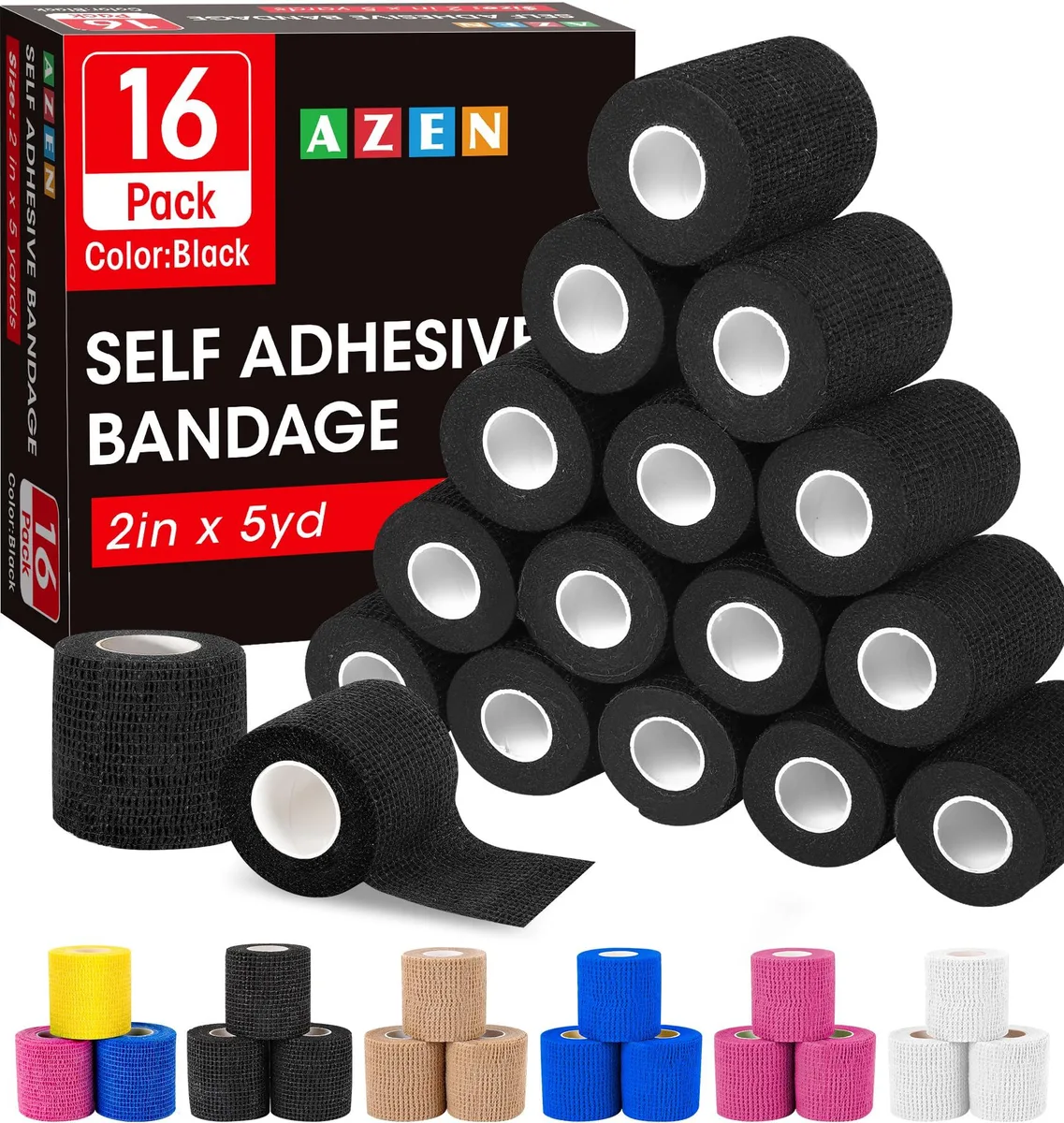 Sixteen black self-adhesive bandage rolls in individual packaging