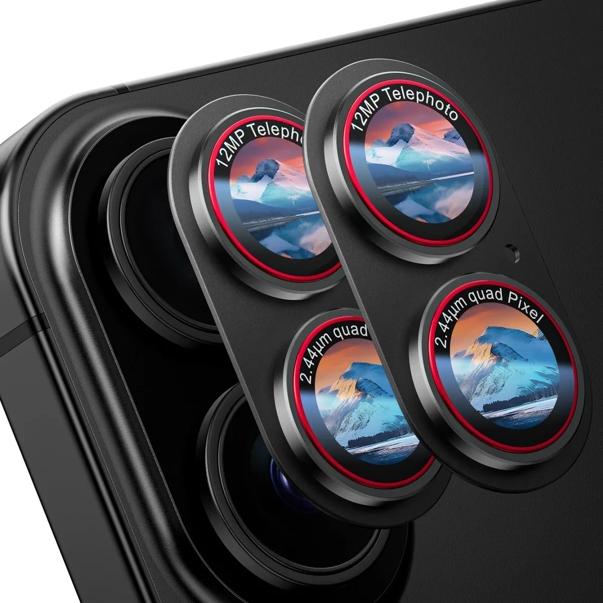 Two black titanium camera lens protectors for iPhone 17