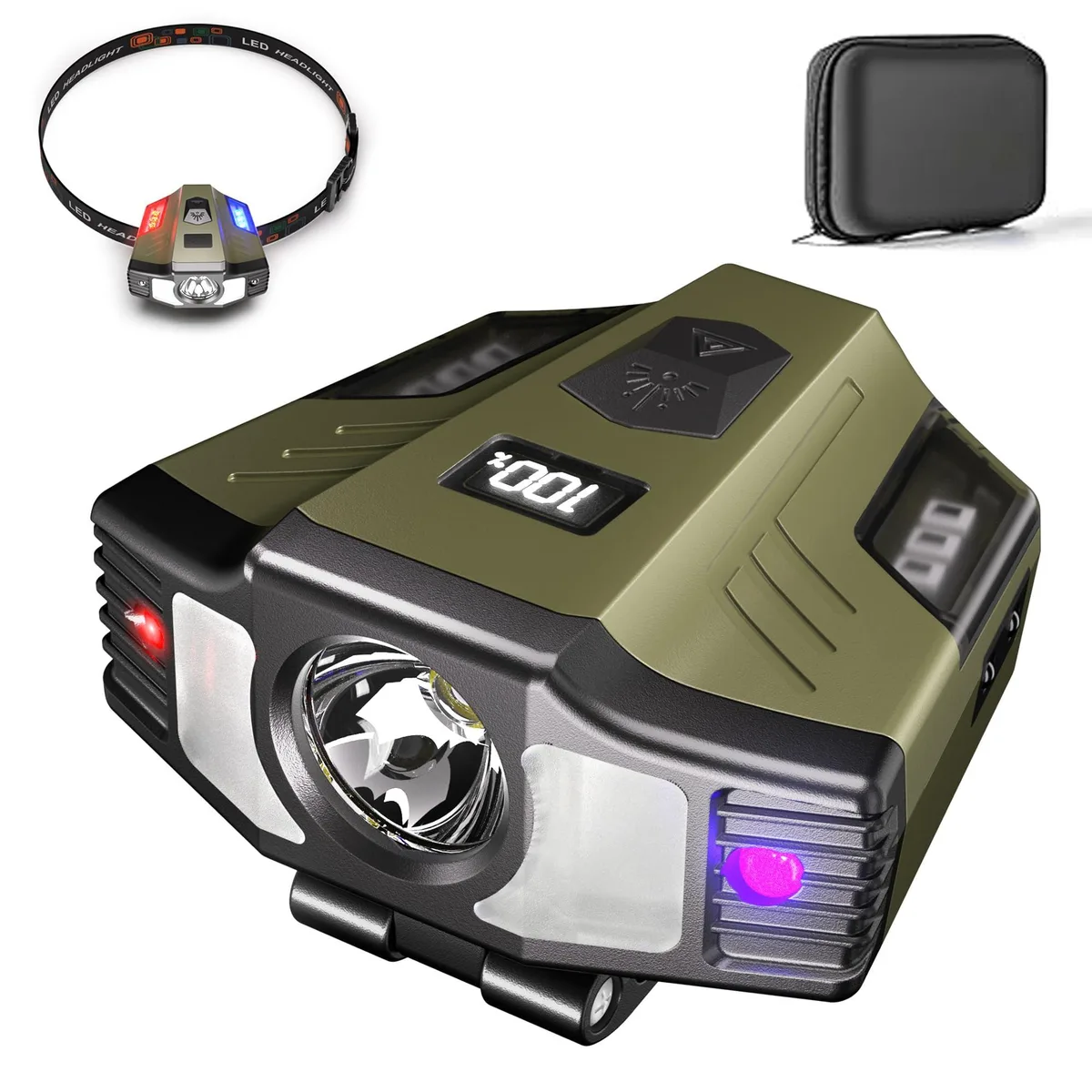 Forest green clip-on flashlight with adjustable head, compact rectangular body