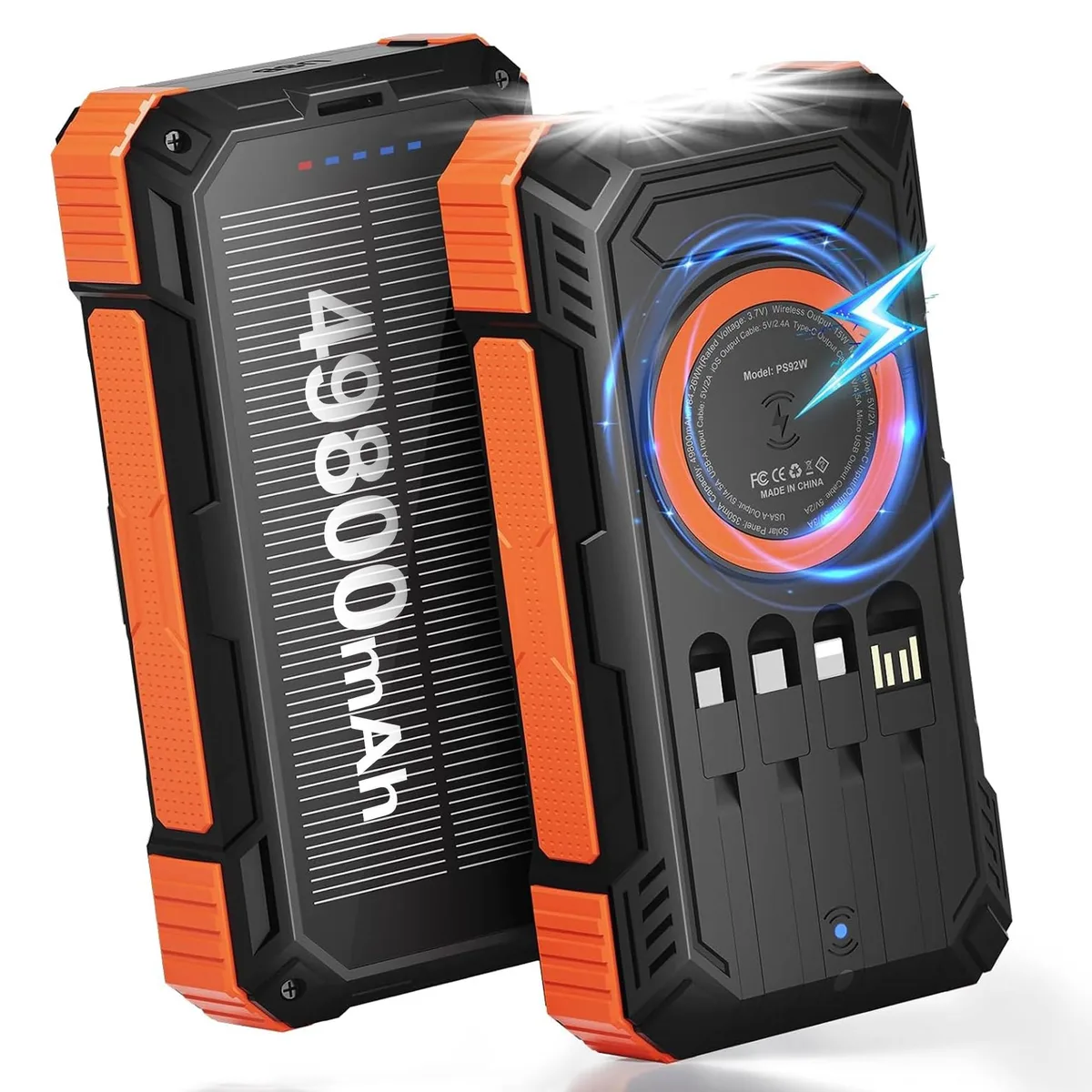 Orange rectangular power bank with built-in cables and solar panel, 7.0 by 3.6 by 1.1 inches