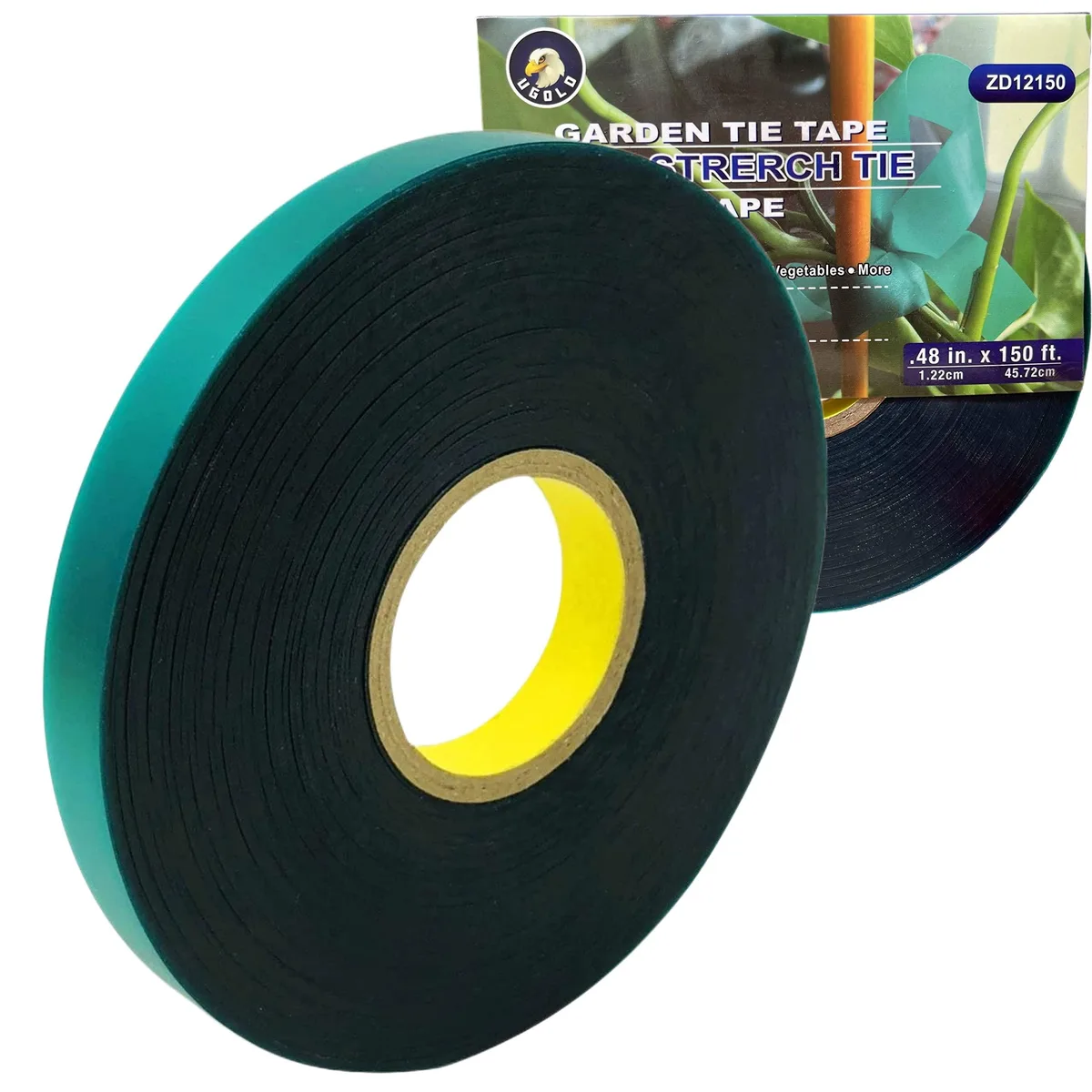 Green stretch plant tie tape on a roll, matte finish, half-inch wide