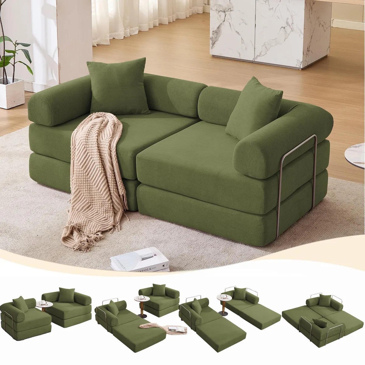 Green corduroy modular sofa bed with four folding sections and iron frame