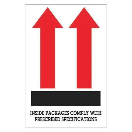 Roll of red white black arrow labels marked Inside Packages Comply