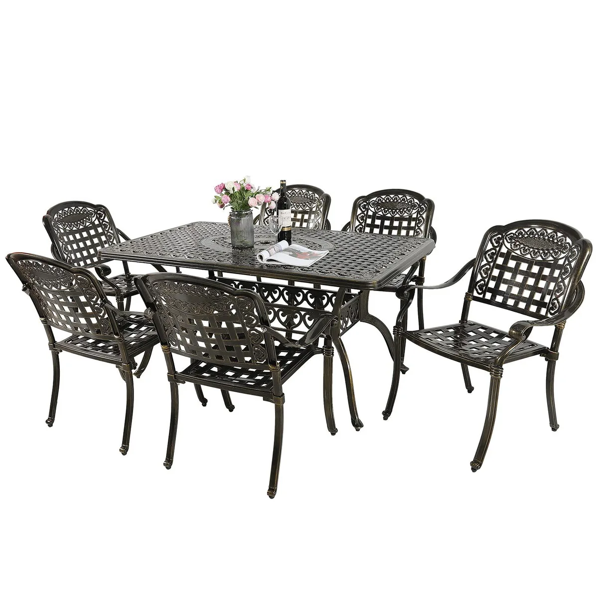 MEETWARM MEETWARM 7-Piece All Weather Cast Aluminum Patio Furniture Dining Set Dark Bronze — product photo
