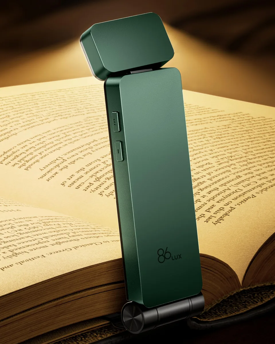 Green clip-on LED book light with frosted lens and flexible neck