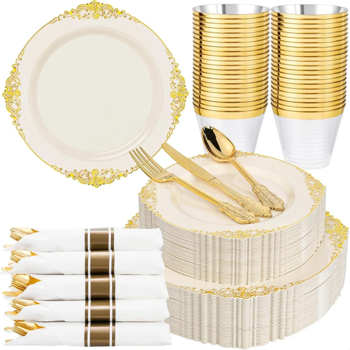 White rectangular plastic dessert plates with geometric design, set of 30