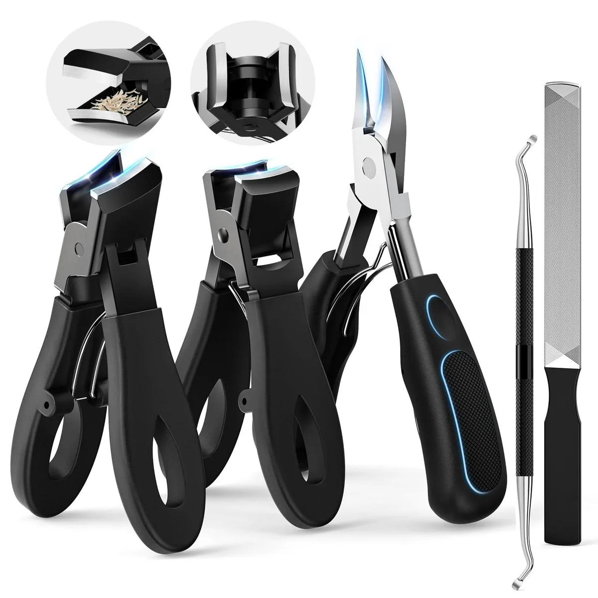 Five-piece stainless steel nail trimmer set in blue aluminium case